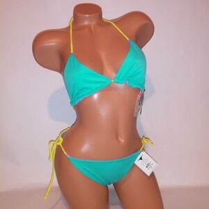 Victoria Secret Swim Bikini Medium Top & Bottom Reversible Blue Purple Triangle